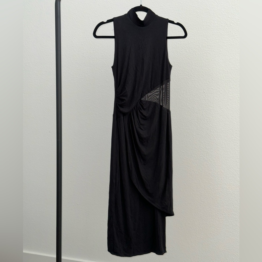 Bebe black asymmetrical mesh cutout jersey dress
